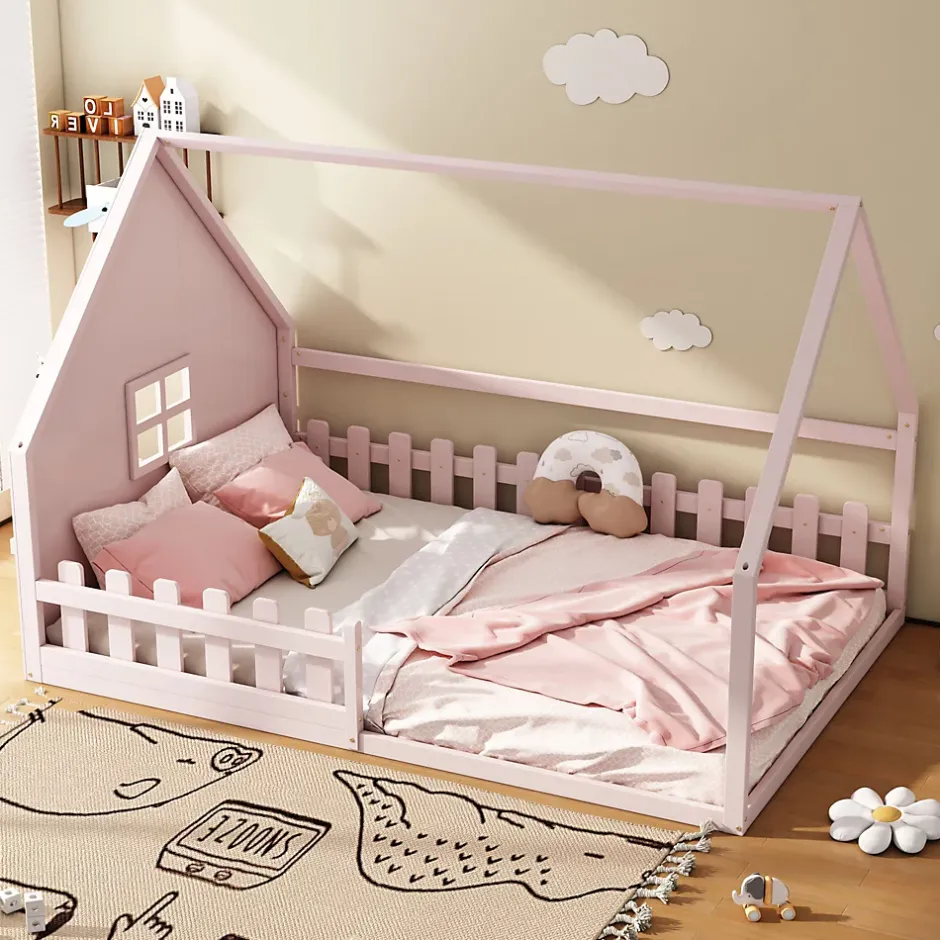 Okwish Lit cabane 140 x 200 cm - Lit double enfant avec barrières - Pin + MDF - Sans matelas - Rose Sale