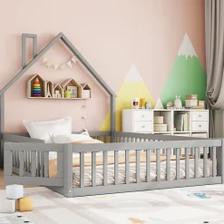 Okwish Lit Cabane 140 x 200 cm - Lit enfant Forme Cheminée - Pin + MDF - Sans Matelas - Gris Online