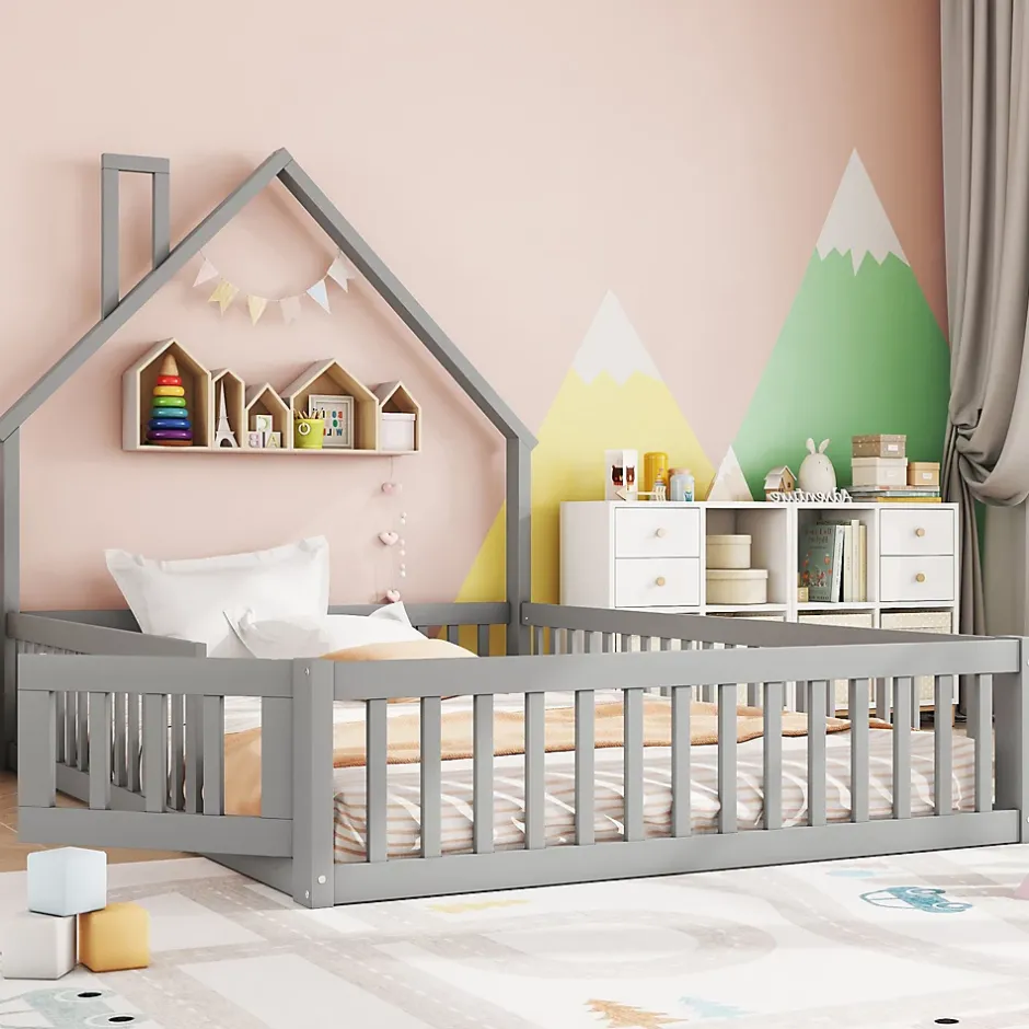 Okwish Lit Cabane 140 x 200 cm - Lit enfant Forme Cheminée - Pin + MDF - Sans Matelas - Gris Online