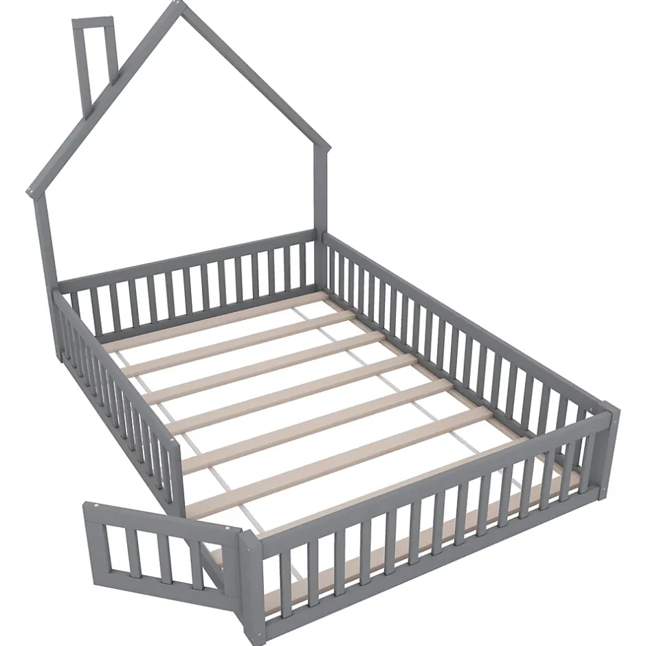 Okwish Lit Cabane 140 x 200 cm - Lit enfant Forme Cheminée - Pin + MDF - Sans Matelas - Gris Online
