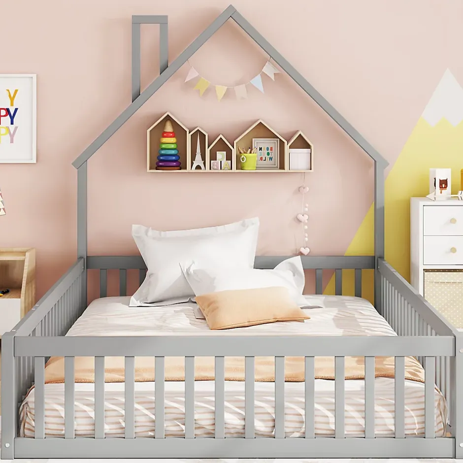 Okwish Lit Cabane 140 x 200 cm - Lit enfant Forme Cheminée - Pin + MDF - Sans Matelas - Gris Online