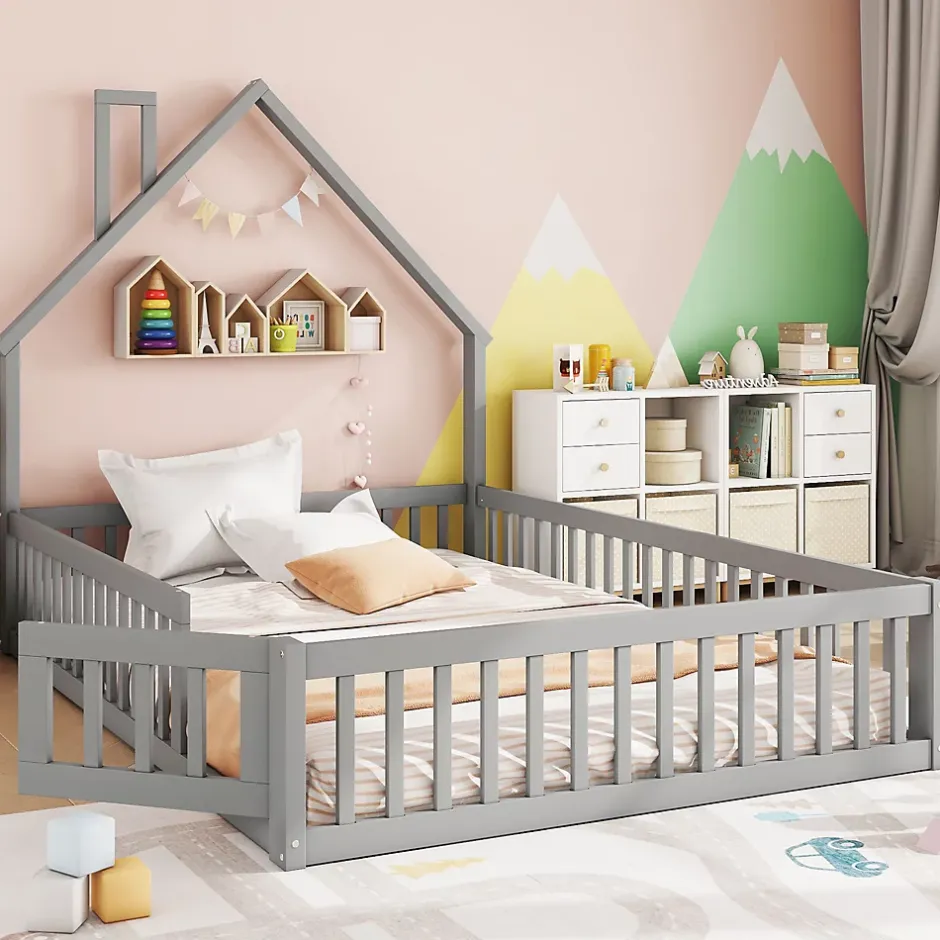 Okwish Lit Cabane 140 x 200 cm - Lit enfant Forme Cheminée - Pin + MDF - Sans Matelas - Gris Online