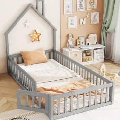 Okwish Lit Cabane 90 x 200 cm - Lit enfant Forme Cheminée - Pin + MDF - Sans Matelas - Gris New
