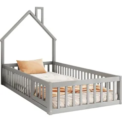 Okwish Lit Cabane 90 x 200 cm - Lit enfant Forme Cheminée - Pin + MDF - Sans Matelas - Gris New