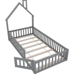 Okwish Lit Cabane 90 x 200 cm - Lit enfant Forme Cheminée - Pin + MDF - Sans Matelas - Gris New
