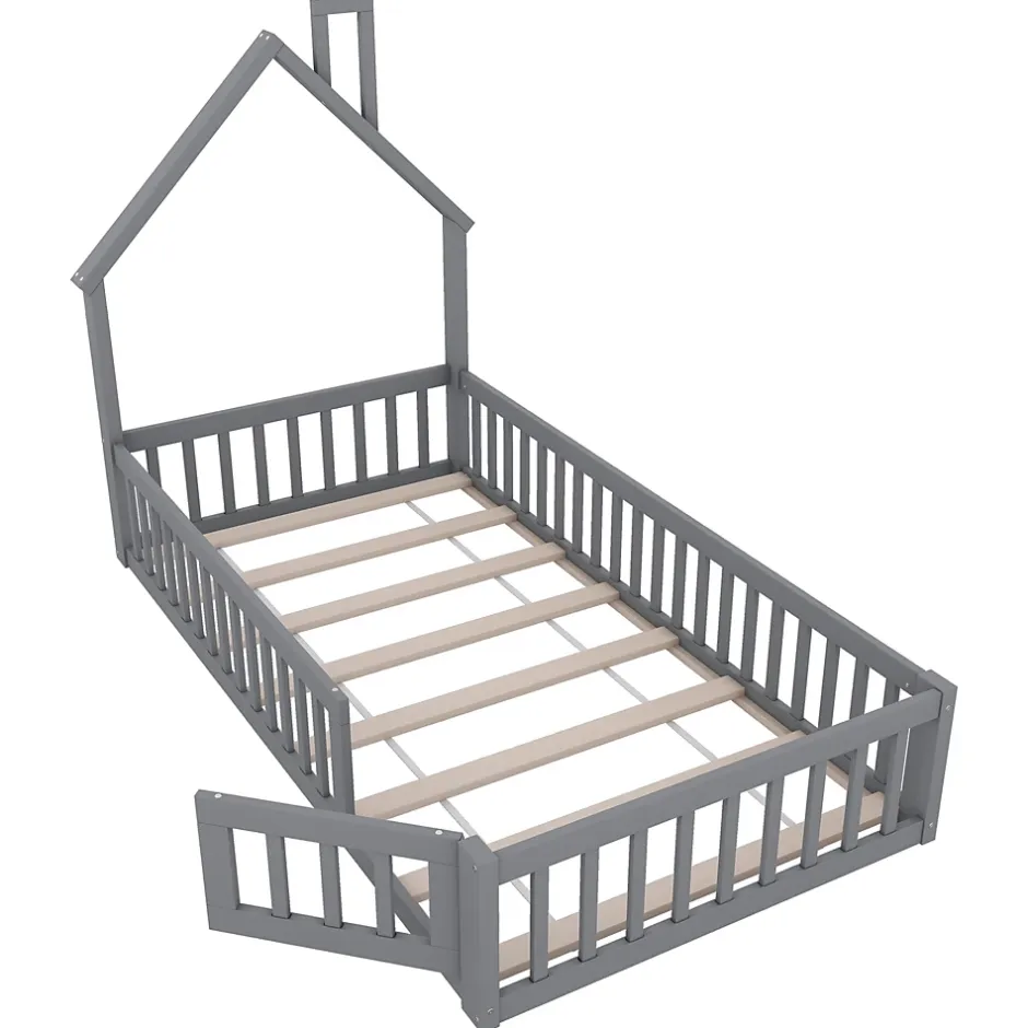 Okwish Lit Cabane 90 x 200 cm - Lit enfant Forme Cheminée - Pin + MDF - Sans Matelas - Gris New