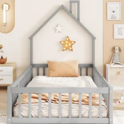 Okwish Lit Cabane 90 x 200 cm - Lit enfant Forme Cheminée - Pin + MDF - Sans Matelas - Gris New