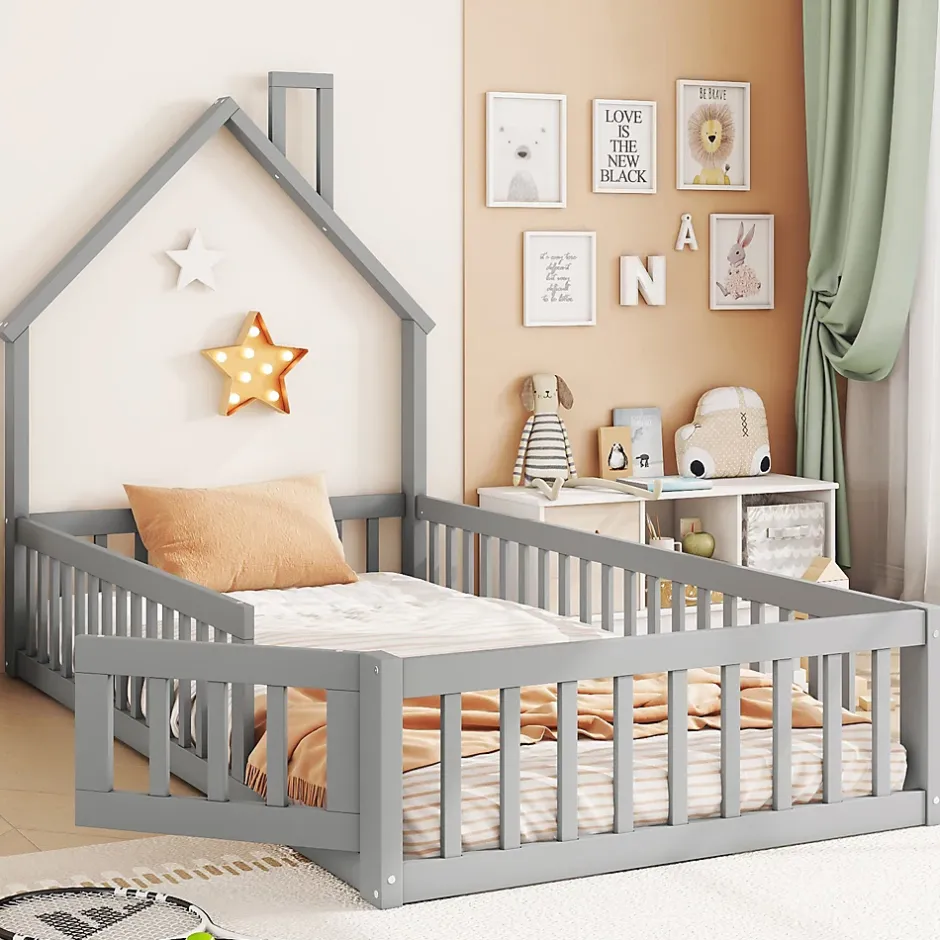 Okwish Lit Cabane 90 x 200 cm - Lit enfant Forme Cheminée - Pin + MDF - Sans Matelas - Gris New