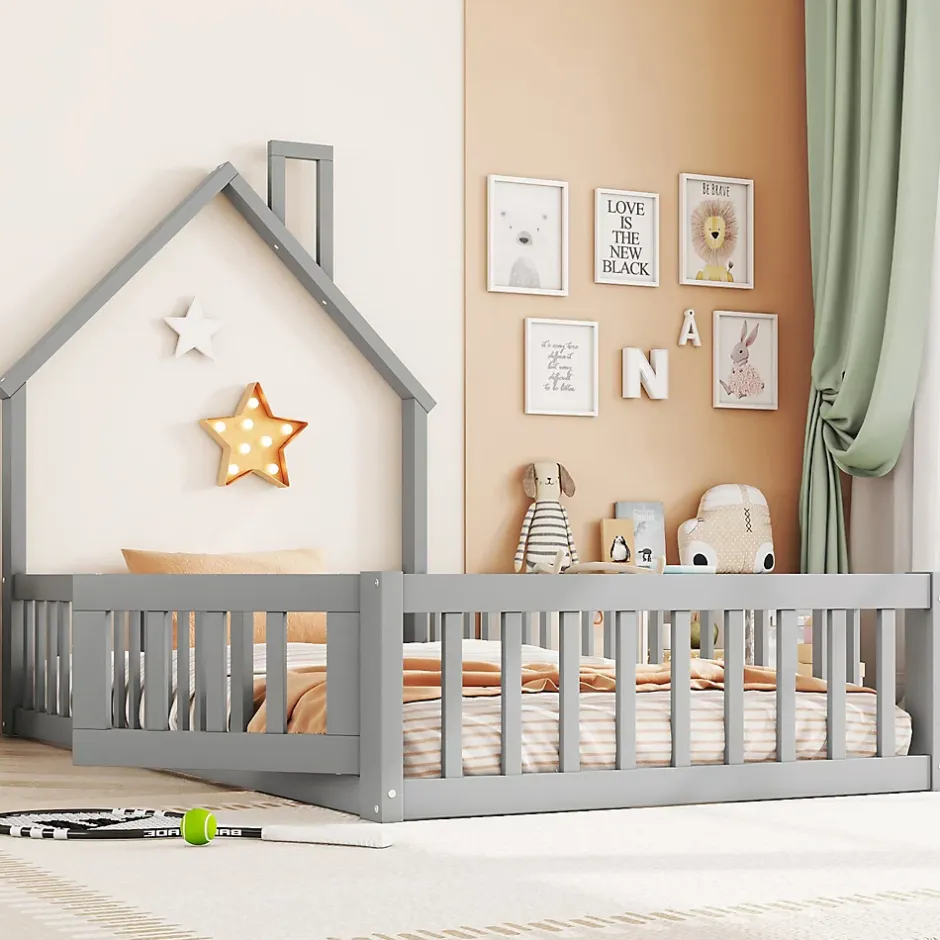 Okwish Lit Cabane 90 x 200 cm - Lit enfant Forme Cheminée - Pin + MDF - Sans Matelas - Gris New