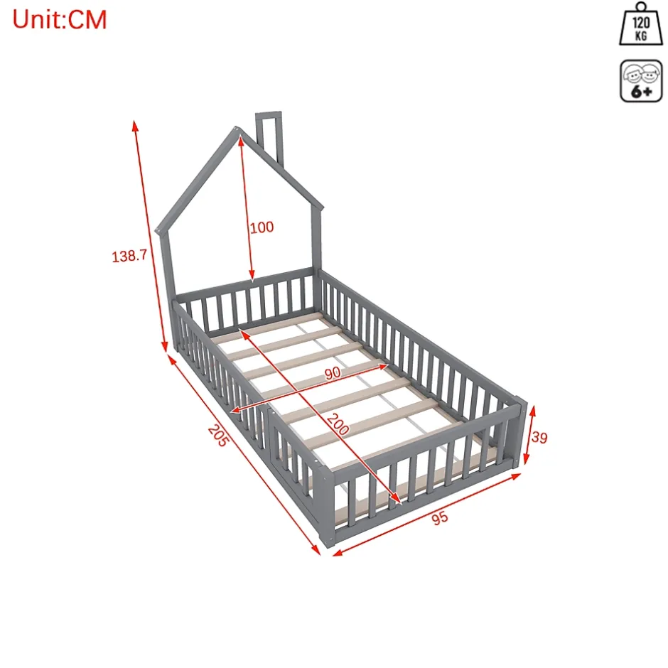 Okwish Lit Cabane 90 x 200 cm - Lit enfant Forme Cheminée - Pin + MDF - Sans Matelas - Gris New