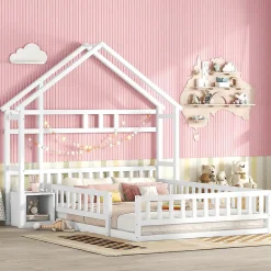 Enfant Okwish Lit Cabane 140 x 200 cm - Lit enfant avec Balustrade et Tables de Chevet - Bois + MDF - Sans Matelas - Blanc
