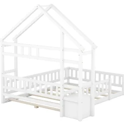 Enfant Okwish Lit Cabane 140 x 200 cm - Lit enfant avec Balustrade et Tables de Chevet - Bois + MDF - Sans Matelas - Blanc