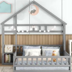 Enfant Okwish Lit Cabane 140 x 200 cm - Lit enfant avec Balustrade et Tables de Chevet - Bois + MDF - Sans Matelas - Gris