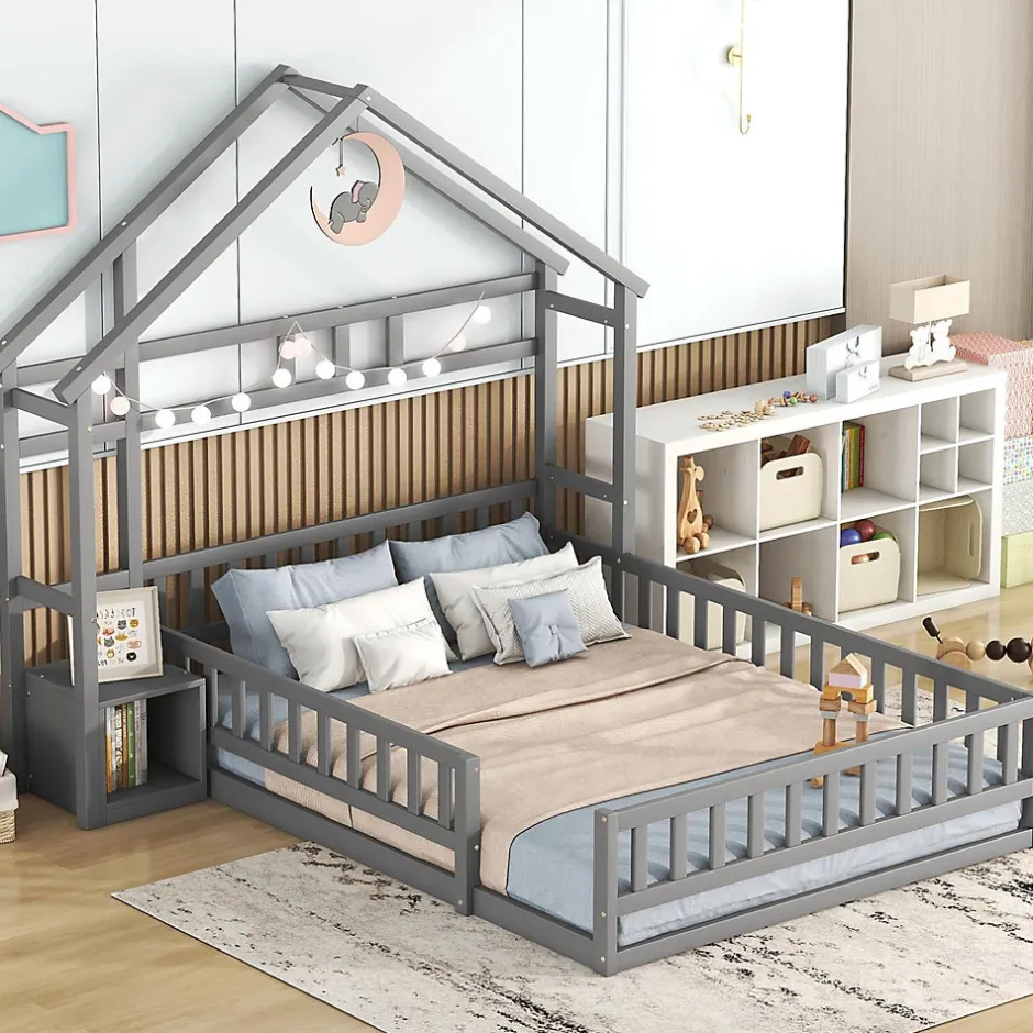 Enfant Okwish Lit Cabane 140 x 200 cm - Lit enfant avec Balustrade et Tables de Chevet - Bois + MDF - Sans Matelas - Gris