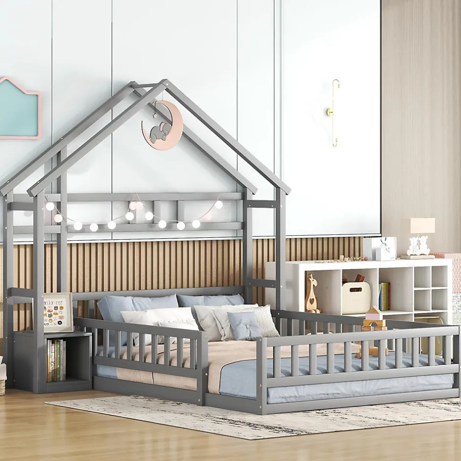 Enfant Okwish Lit Cabane 140 x 200 cm - Lit enfant avec Balustrade et Tables de Chevet - Bois + MDF - Sans Matelas - Gris