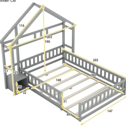 Enfant Okwish Lit Cabane 140 x 200 cm - Lit enfant avec Balustrade et Tables de Chevet - Bois + MDF - Sans Matelas - Gris