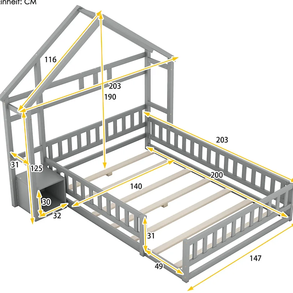 Enfant Okwish Lit Cabane 140 x 200 cm - Lit enfant avec Balustrade et Tables de Chevet - Bois + MDF - Sans Matelas - Gris
