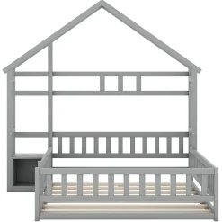Enfant Okwish Lit Cabane 140 x 200 cm - Lit enfant avec Balustrade et Tables de Chevet - Bois + MDF - Sans Matelas - Gris