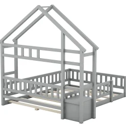 Enfant Okwish Lit Cabane 140 x 200 cm - Lit enfant avec Balustrade et Tables de Chevet - Bois + MDF - Sans Matelas - Gris
