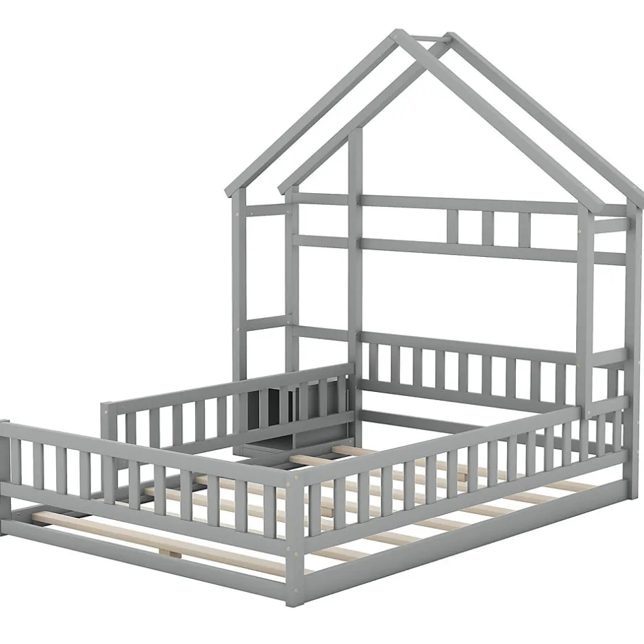 Enfant Okwish Lit Cabane 140 x 200 cm - Lit enfant avec Balustrade et Tables de Chevet - Bois + MDF - Sans Matelas - Gris