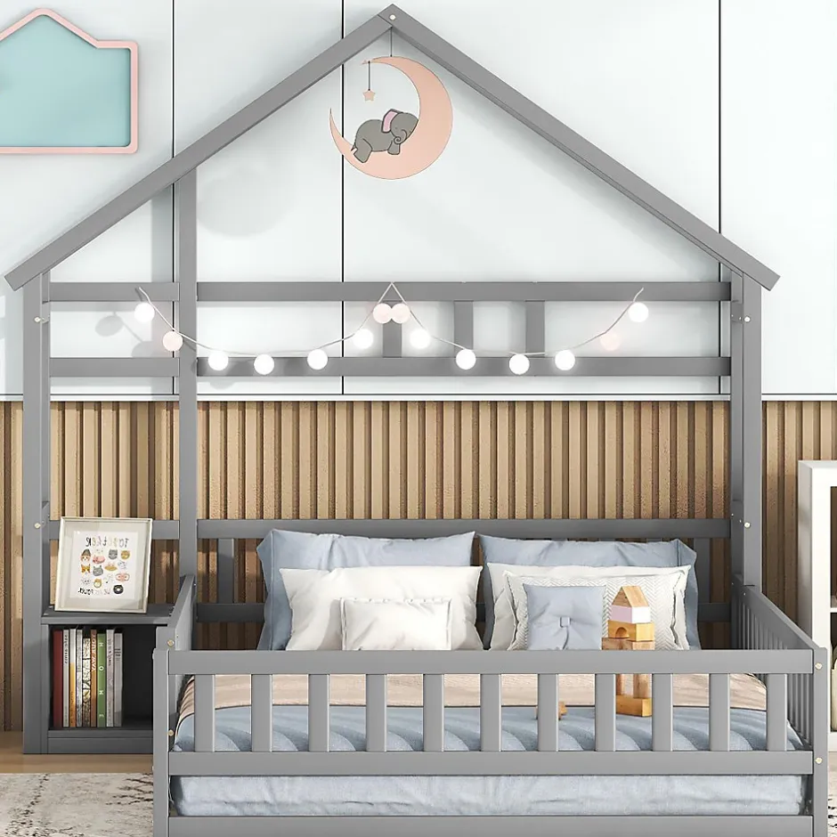 Enfant Okwish Lit Cabane 140 x 190 cm - Lit enfant avec Balustrade et Tables de Chevet - Bois + MDF - Sans Matelas - Gris