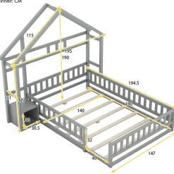 Enfant Okwish Lit Cabane 140 x 190 cm - Lit enfant avec Balustrade et Tables de Chevet - Bois + MDF - Sans Matelas - Gris