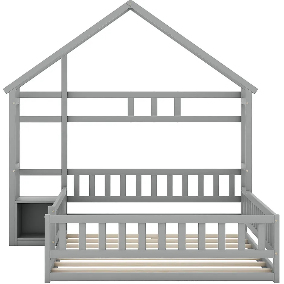 Enfant Okwish Lit Cabane 140 x 190 cm - Lit enfant avec Balustrade et Tables de Chevet - Bois + MDF - Sans Matelas - Gris