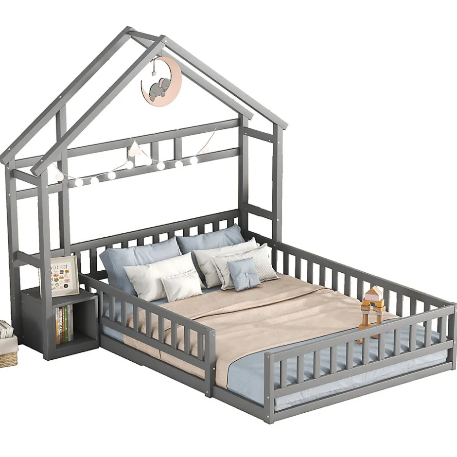 Enfant Okwish Lit Cabane 140 x 190 cm - Lit enfant avec Balustrade et Tables de Chevet - Bois + MDF - Sans Matelas - Gris