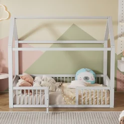 Enfant Okwish Lit Cabane 90 x 200 cm - Lit Simple avec Cadre en Bois et Sommier à Lattes - Pin + MDF - Sans Matelas - Blanc