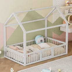 Enfant Okwish Lit Cabane 90 x 200 cm - Lit Simple avec Cadre en Bois et Sommier à Lattes - Pin + MDF - Sans Matelas - Blanc