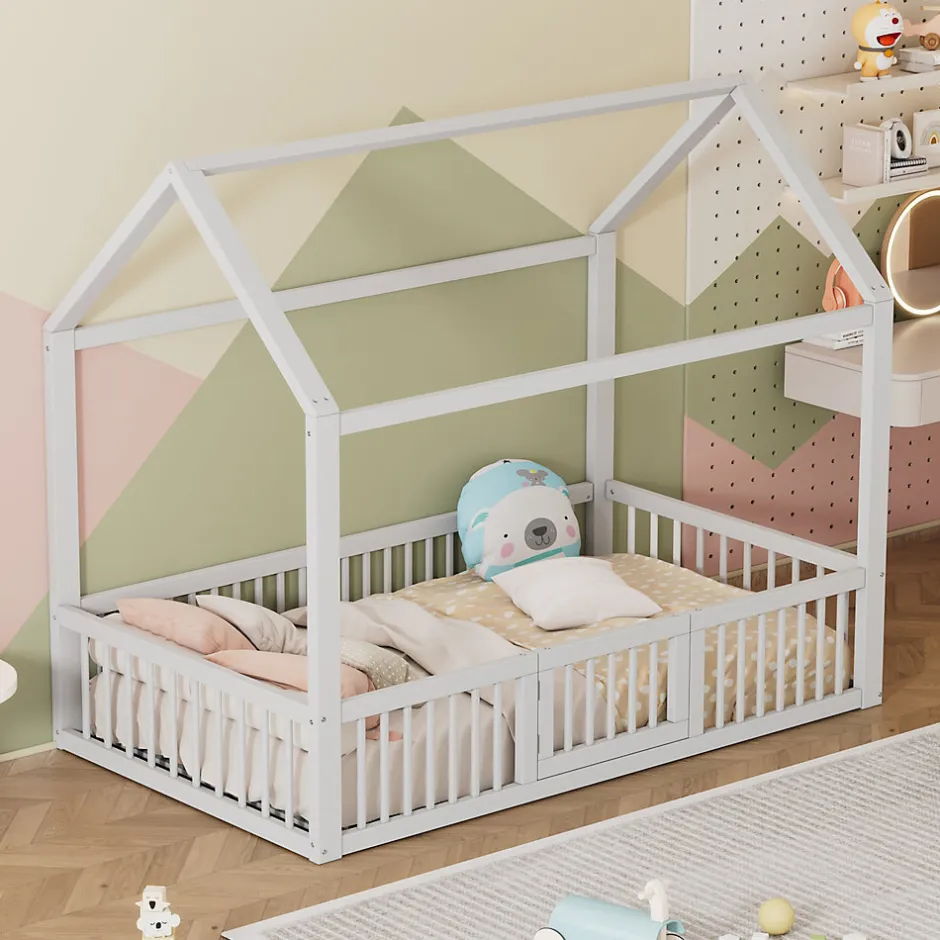 Enfant Okwish Lit Cabane 90 x 200 cm - Lit Simple avec Cadre en Bois et Sommier à Lattes - Pin + MDF - Sans Matelas - Blanc