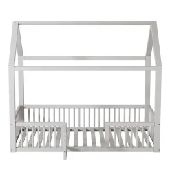 Enfant Okwish Lit Cabane 90 x 200 cm - Lit Simple avec Cadre en Bois et Sommier à Lattes - Pin + MDF - Sans Matelas - Blanc