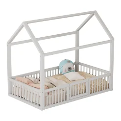 Enfant Okwish Lit Cabane 90 x 200 cm - Lit Simple avec Cadre en Bois et Sommier à Lattes - Pin + MDF - Sans Matelas - Blanc