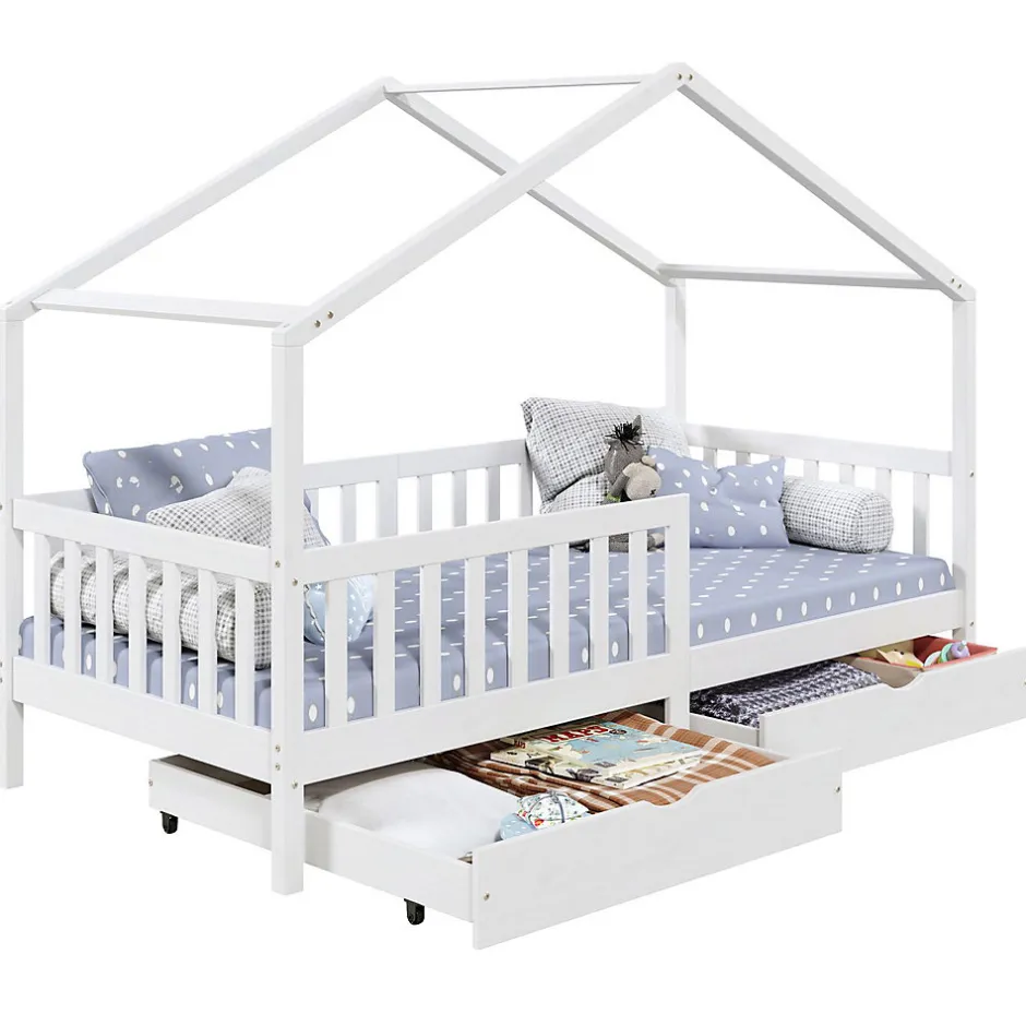Enfant Idimex Lit cabane ELEA avec tiroirs, 90 x 200 cm en pin massif lasuré blanc