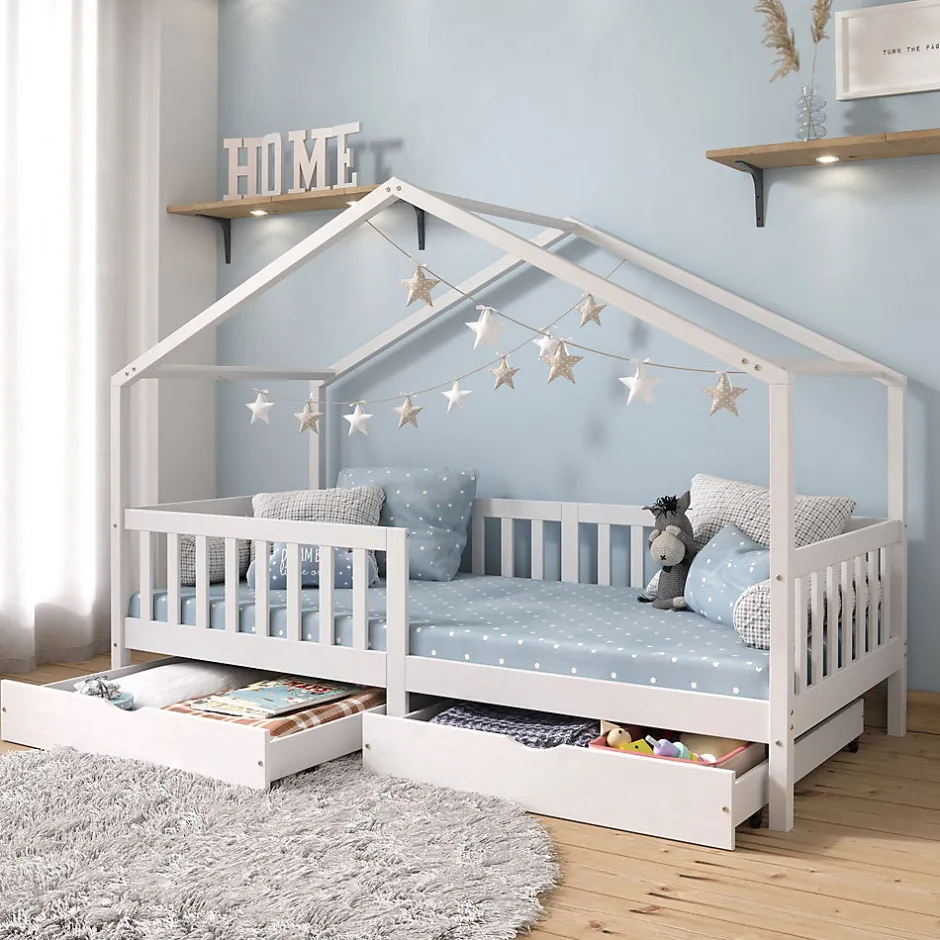 Enfant Idimex Lit cabane ELEA avec tiroirs, 90 x 200 cm en pin massif lasuré blanc
