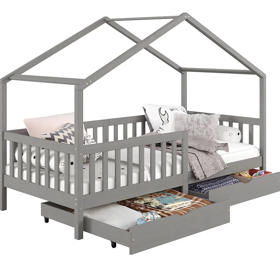 Idimex Lit cabane ELEA avec tiroirs, 90 x 200 cm en pin massif lasuré gris Best