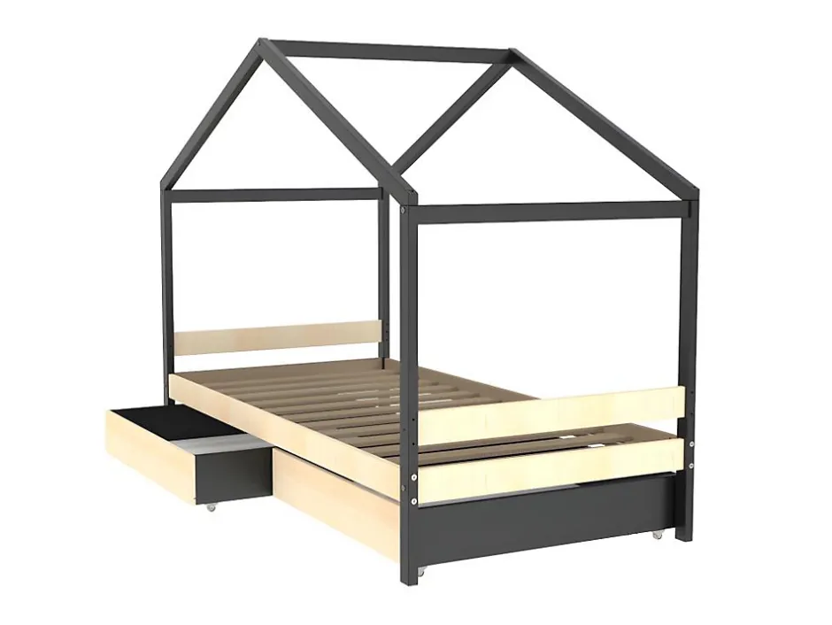 Vente-unique Lit cabane ELFIA - 2 tiroirs - 90 x 190 cm - Epicéa massif - Naturel et Noir Sale