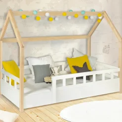 Enfant IDMarket Lit cabane enfant 80 x 160 CM NEREE blanc et hêtre avec sommier et barrières