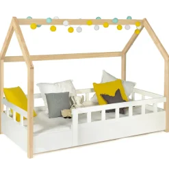 Enfant IDMarket Lit cabane enfant 80 x 160 CM NEREE blanc et hêtre avec sommier et barrières