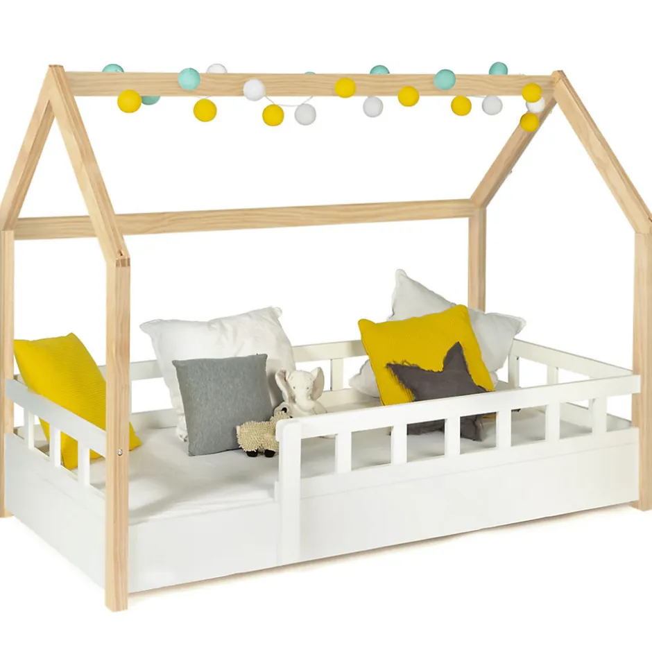 Enfant IDMarket Lit cabane enfant 80 x 160 CM NEREE blanc et hêtre avec sommier et barrières
