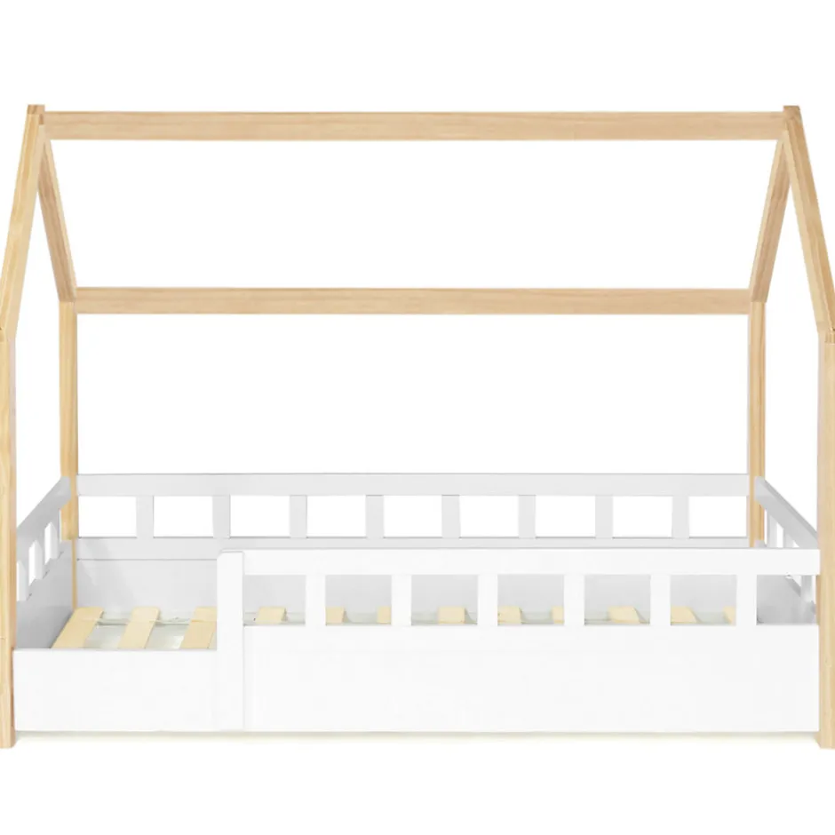 Enfant IDMarket Lit cabane enfant 80 x 160 CM NEREE blanc et hêtre avec sommier et barrières