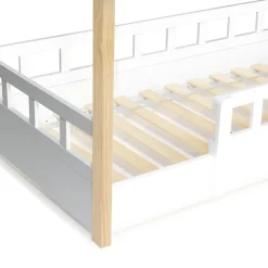 Enfant IDMarket Lit cabane enfant 80 x 160 CM NEREE blanc et hêtre avec sommier et barrières