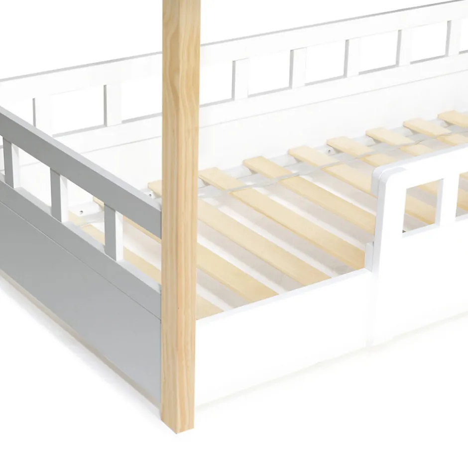 Enfant IDMarket Lit cabane enfant 80 x 160 CM NEREE blanc et hêtre avec sommier et barrières