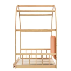 ProximaX Lit cabane enfant extensible 140x100-200 cm avec lit gigogne, cadre en pin, coussins en velours, coloris bois naturel et orange Hot