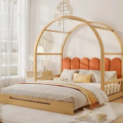 ProximaX Lit cabane enfant extensible 140x100-200 cm avec lit gigogne, cadre en pin, coussins en velours, coloris bois naturel et orange Hot