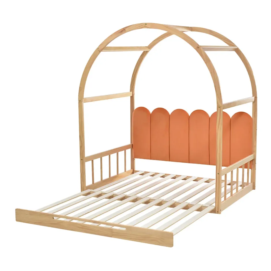 ProximaX Lit cabane enfant extensible 140x100-200 cm avec lit gigogne, cadre en pin, coussins en velours, coloris bois naturel et orange Hot