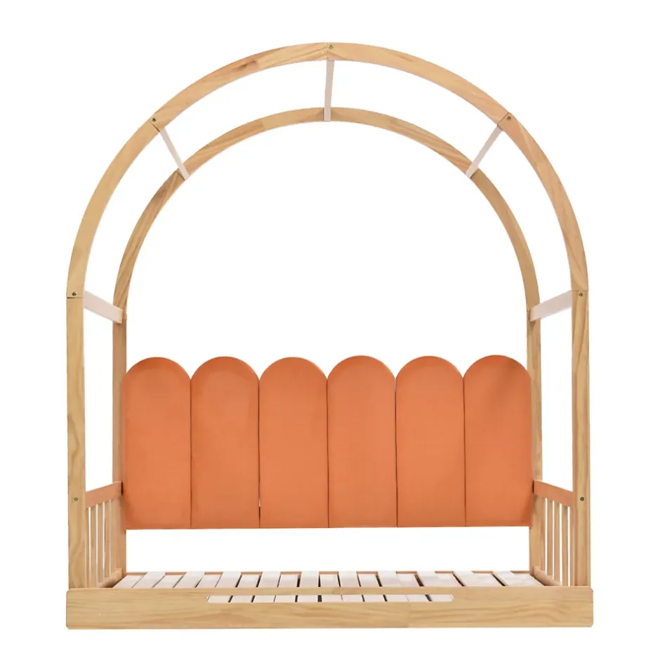 ProximaX Lit cabane enfant extensible 140x100-200 cm avec lit gigogne, cadre en pin, coussins en velours, coloris bois naturel et orange Hot