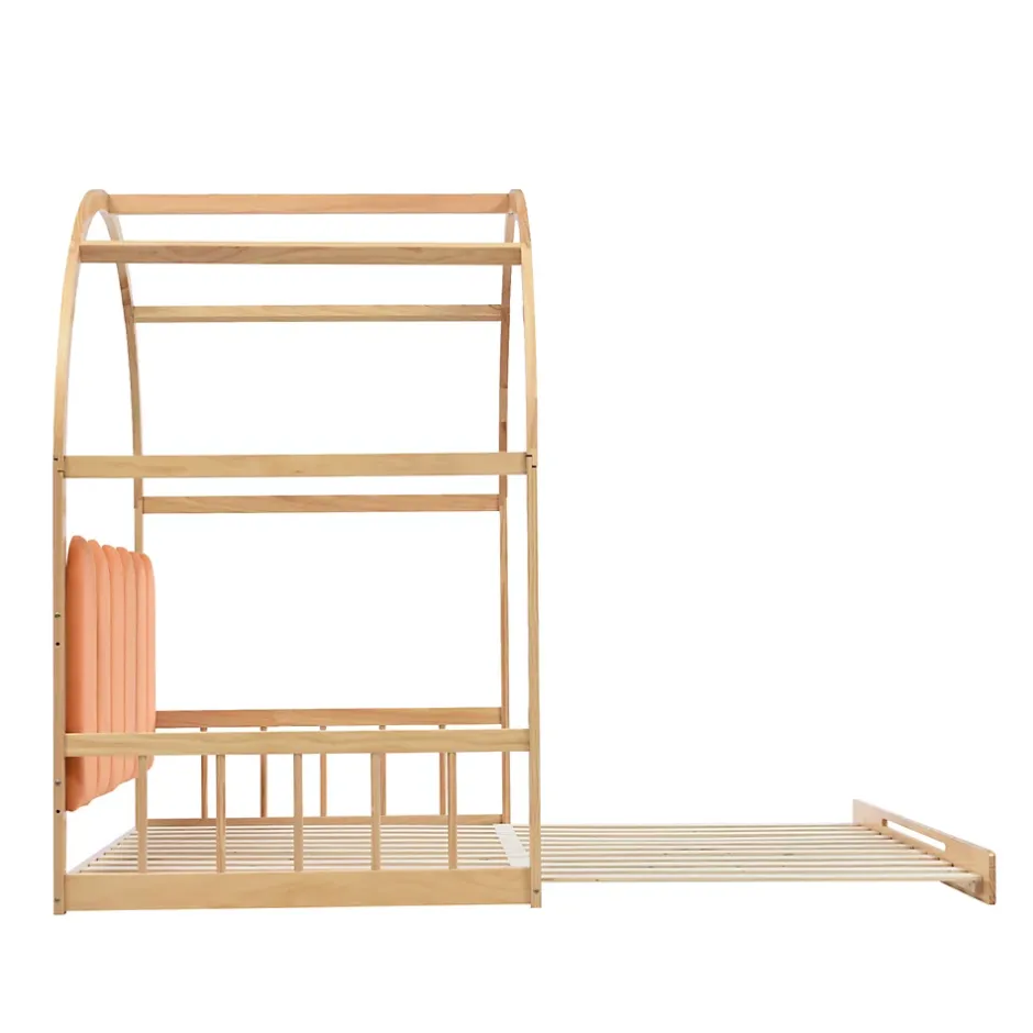 ProximaX Lit cabane enfant extensible 140x100-200 cm avec lit gigogne, cadre en pin, coussins en velours, coloris bois naturel et orange Hot