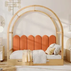 ProximaX Lit cabane enfant extensible 140x100-200 cm avec lit gigogne, cadre en pin, coussins en velours, coloris bois naturel et orange Hot