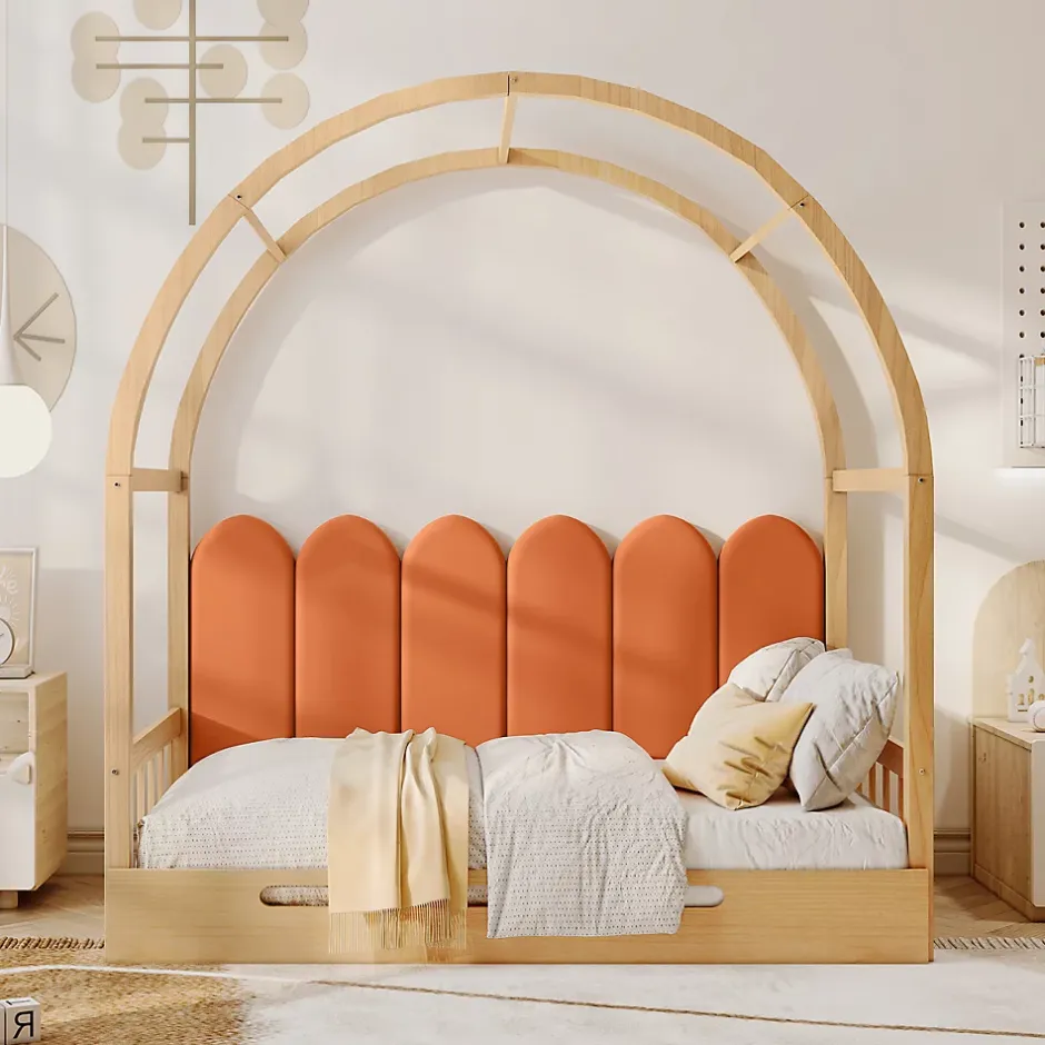 ProximaX Lit cabane enfant extensible 140x100-200 cm avec lit gigogne, cadre en pin, coussins en velours, coloris bois naturel et orange Hot